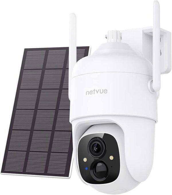 NETVUE Camara Vigilancia WiFi Exterior, Camaras de Vigilancia Sin Cables 360° PTZ con Bateria, Detección de Movimiento PIR, Visión Nocturna en Color, Camara de Seguridad Exterior con Panel Solar