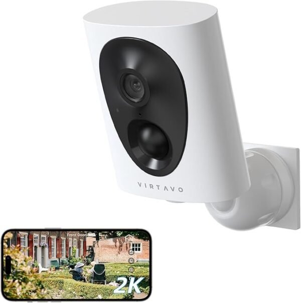 virtavo 2K Camara Vigilancia WiFi Exterior/Interior sin Cables batería Recargable, Largo Tiempo de Espera, visión Nocturna en Color, Funciona con Alexa, Detección de Movimiento PIR, Audio de 2 vías