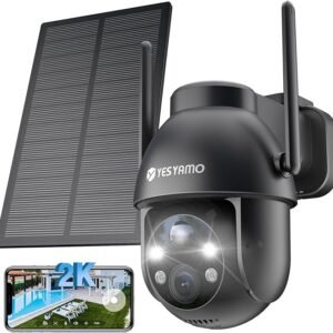 YESYAMO 2K Cámara Vigilancia WiFi Exterior Solar con Batería, Panel Solar, 2.4GHz Wi-Fi Cámara Exterior Solar IP66, 360° PTZ, Visión Nocturna Color, Audio Bidireccional, PIR Sirena, Negra