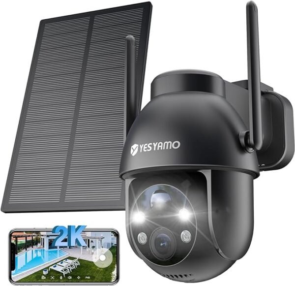 YESYAMO 2K Cámara Vigilancia WiFi Exterior Solar con Batería, Panel Solar, 2.4GHz Wi-Fi Cámara Exterior Solar IP66, 360° PTZ, Visión Nocturna Color, Audio Bidireccional, PIR Sirena, Negra